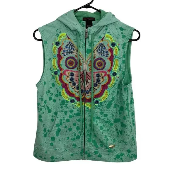 Custo Barcelona Hoodie Size 3 Green Embroidered Butterfly Splatter Art Boho * - Picture 1 of 12